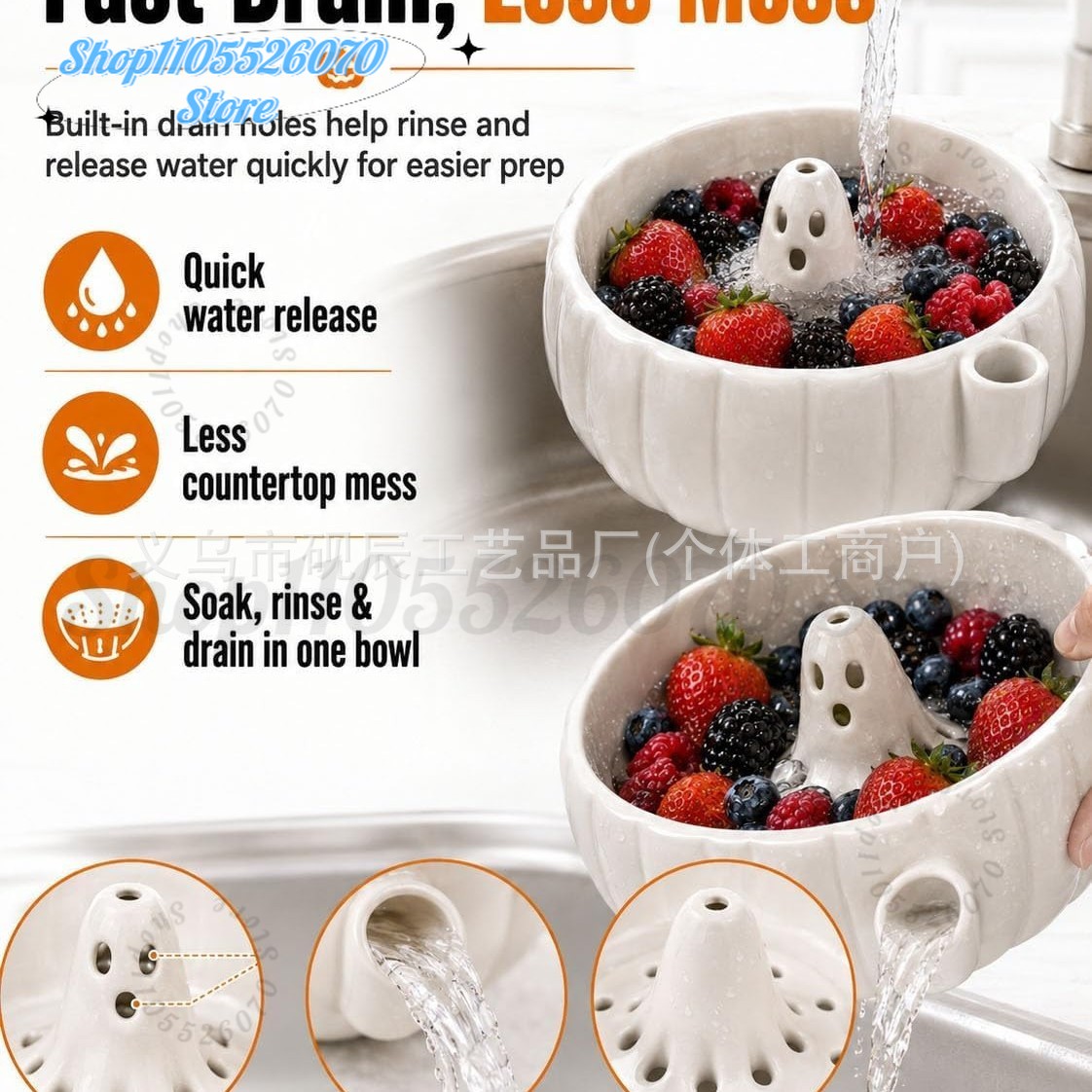 3D Printing Ghosting - ชามล้างผลไม้ลายฟักทองผีฮาโลวีนพิมพ์ 3 มิติ, ชามกรองน้ำสำหรับแช่และล้าง, กระชอนผลไม้แบบหมุนอัตโนมัติ